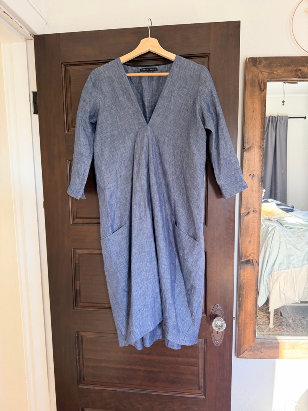 V-Neck Midi Shift Dress in Chambray Blue with Front Pockets